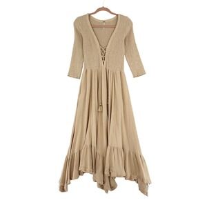 Free People Perfect Solution Maxi Dress Womens XS Beige Cotton Smocked Lace Up